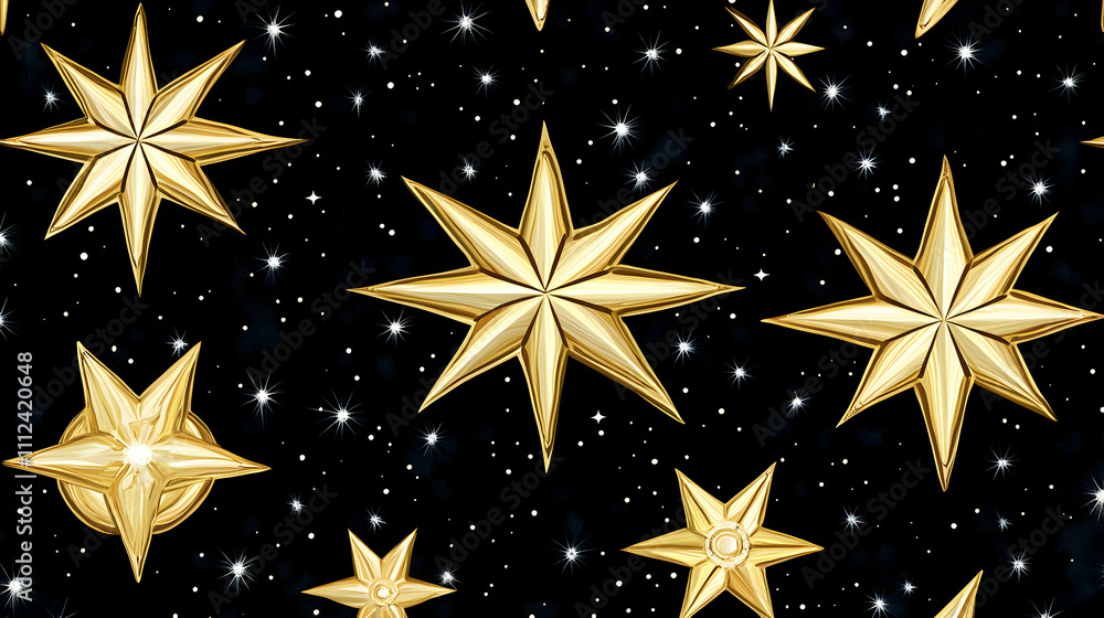 Elegant gold stars on a black background, a celestial pattern perfect for festive designs, luxury branding, or digital art projects. Elegant gold stars on a black background, a celestial pattern perfect for festive designs, luxury branding, or digital art projects.