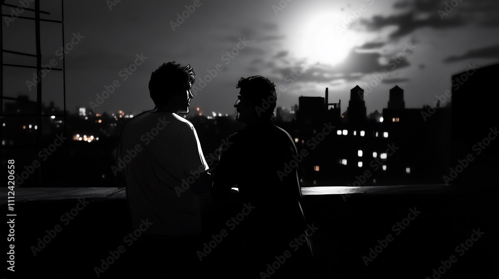 Night Cityscape: Silhouetted Couple Sharing a Moment Night Cityscape: Silhouetted Couple Sharing a Moment