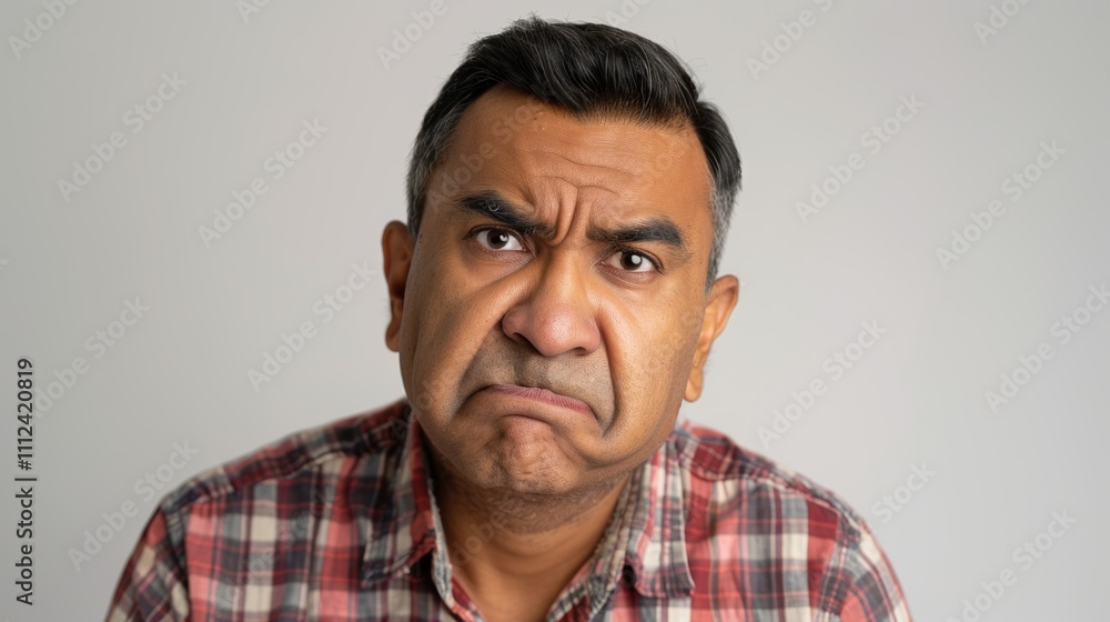 The image depicts a man with a frowning expression characterized by furrowed eyebrows and pursed lips. The image depicts a man with a frowning expression characterized by furrowed eyebrows and pursed lips.