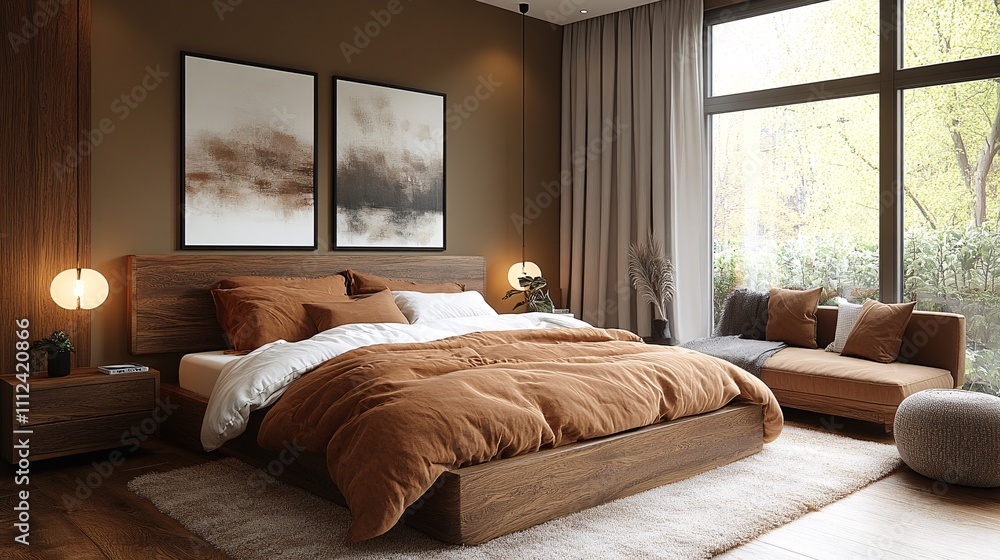 Fototapeta premium Cozy Walnut Bedroom with Warm Tones and Modern Design