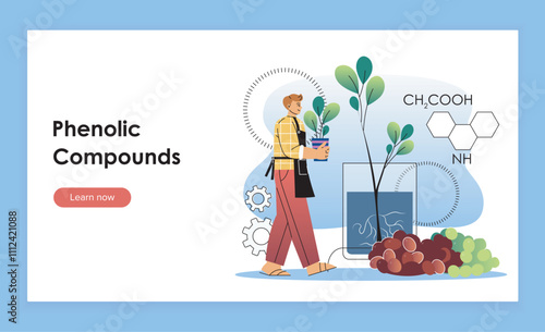 Grape selection landing page. Man with sprout near grapes. Winery and wine production, winemaking. Alcoholic drinks and beverages. Flat vector illustration