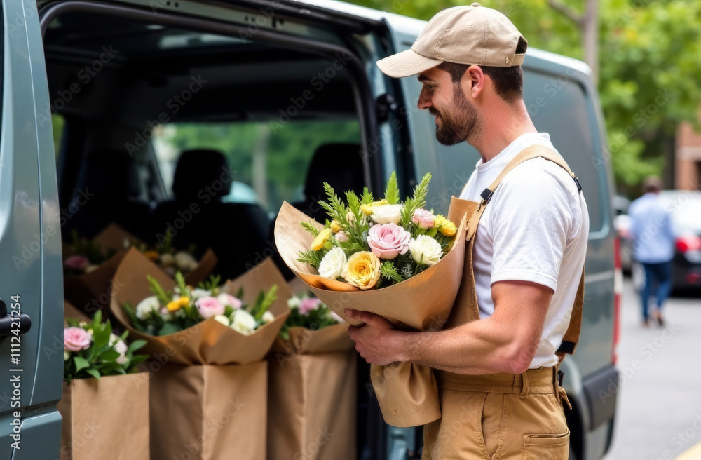 A young male courier delivers a bouquet of flowers wrapped in brown paper on Valentine's Day. a delivery van with lots of bouquets. flower delivery in the city A young male courier delivers a bouquet of flowers wrapped in brown paper on Valentine's Day. a delivery van with lots of bouquets. flower delivery in the city