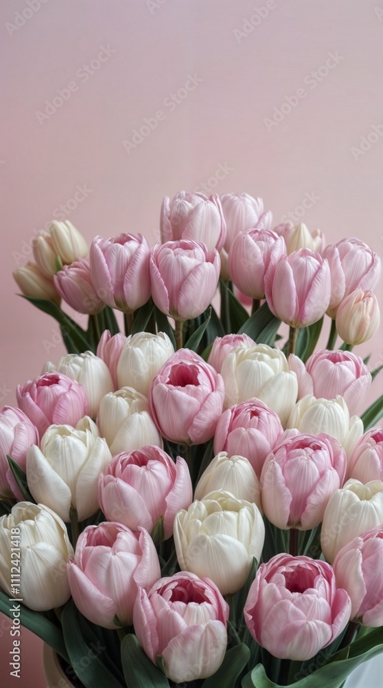 Fototapeta premium Beautiful bouquet of pink and white tulips arranged on pastel pink background for spring celebration.