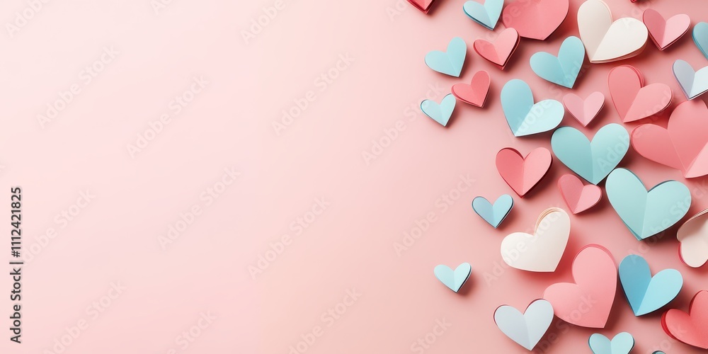 Minimalist paper hearts scattered on pastel pink background, clean layout with text space. Minimalist paper hearts scattered on pastel pink background, clean layout with text space.