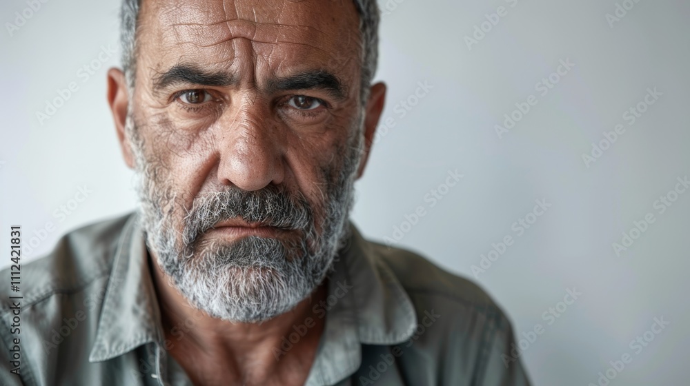 The image is a close-up portrait Of an older man with a grey beard set against a plain white background. The image is a close-up portrait Of an older man with a grey beard set against a plain white background.
