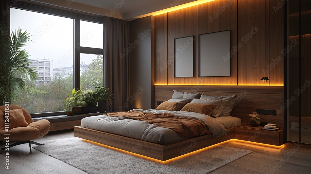 Fototapeta premium Warm Walnut Furniture in Modern Scandinavian Bedroom