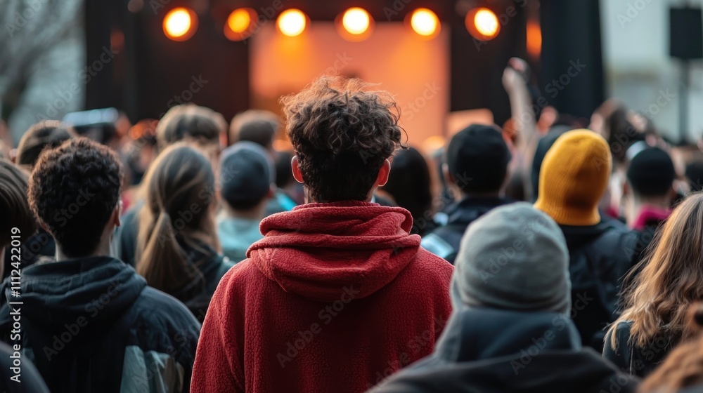 A group of demonstrators gathered at a rally, listening to a speaker on stage, with an emotional and engaged atmosphere. A group of demonstrators gathered at a rally, listening to a speaker on stage, with an emotional and engaged atmosphere.