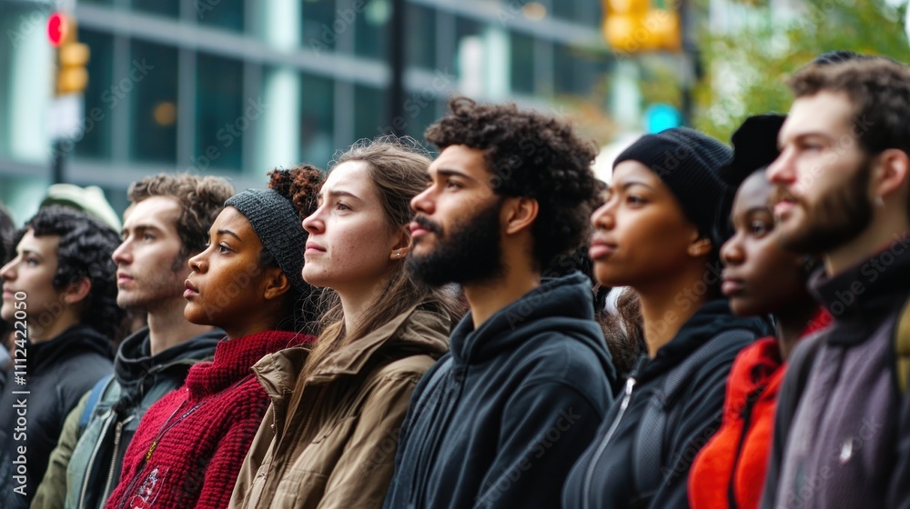 A group of demonstrators gathered at a rally, listening to a speaker on stage, with an emotional and engaged atmosphere. A group of demonstrators gathered at a rally, listening to a speaker on stage, with an emotional and engaged atmosphere.
