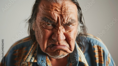 Angry elderly man with long gray hair and a blue and orange patterned shirt.