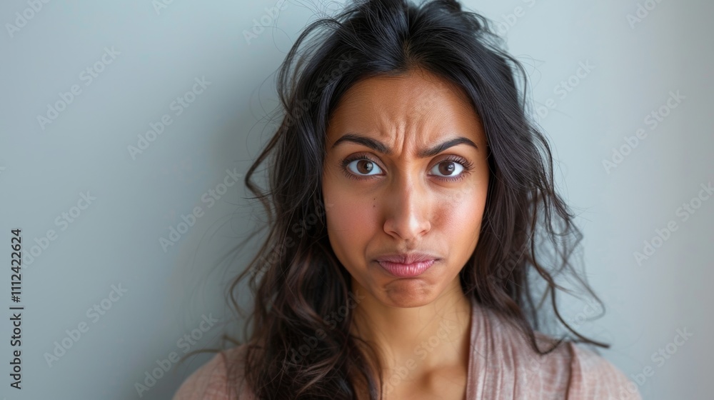 A woman with a frustrated expression showcasing her long brown hair and light skin tone background is a plain gray wall providing a neutral setting for the woman's expressive face. A woman with a frustrated expression showcasing her long brown hair and light skin tone background is a plain gray wall providing a neutral setting for the woman's expressive face.