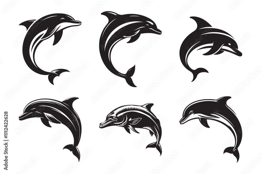 Naklejka premium Dolphin fish silhouette vector art illustration set