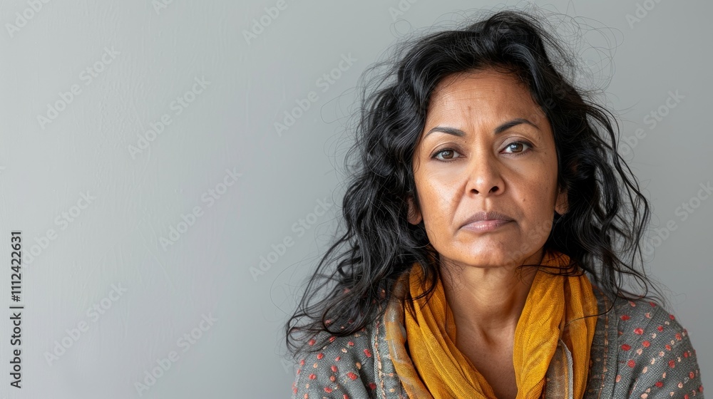 The image depicts a woman with dark hair and a yellow scarf set against a white wall. The image depicts a woman with dark hair and a yellow scarf set against a white wall.
