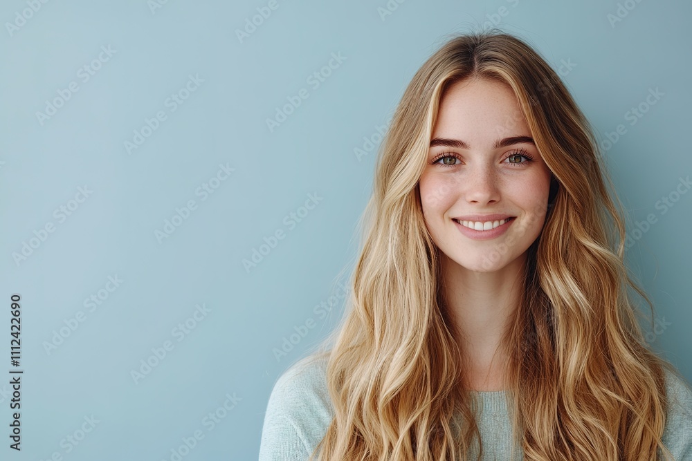 Smiling blonde woman against blue background, natural look Smiling blonde woman against blue background, natural look