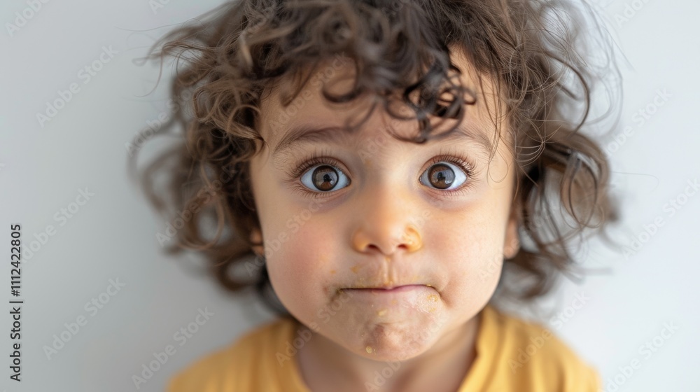 A young child with curly hair and a yellow shirt. looking directly at the camera with wide eyes and a messy face. A young child with curly hair and a yellow shirt. looking directly at the camera with wide eyes and a messy face.