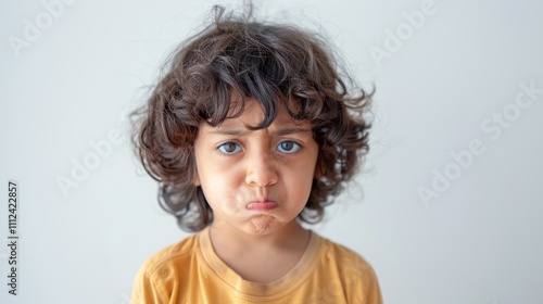 A young boy with curly brown hair and a yellow shirt looking upset.