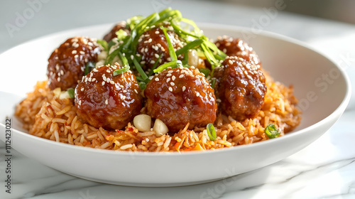 Gochujang Glazed Meatballs with Kimchi Rice and Sesame, Korean Main Course Photography