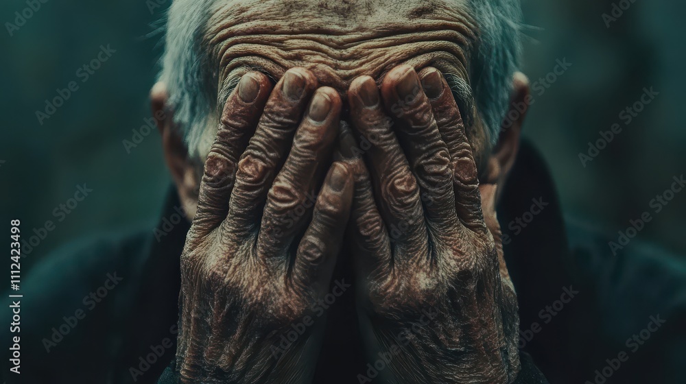 Portrait of an Elderly Person Covering Their Face With Hands, Expressing Emotion and Reflection, Capturing the Depth of Age and Experience in a Somber Atmosphere Portrait of an Elderly Person Covering Their Face With Hands, Expressing Emotion and Reflection, Capturing the Depth of Age and Experience in a Somber Atmosphere