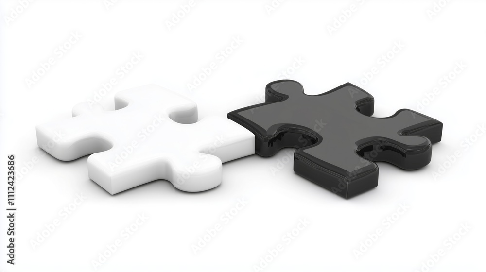 A one white puzzle piece is connected with one black puzzle piece on white background. A one white puzzle piece is connected with one black puzzle piece on white background.