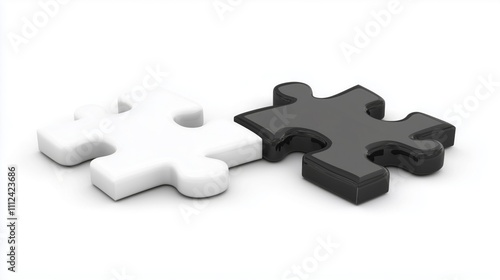 A one white puzzle piece is connected with one black puzzle piece on white background.