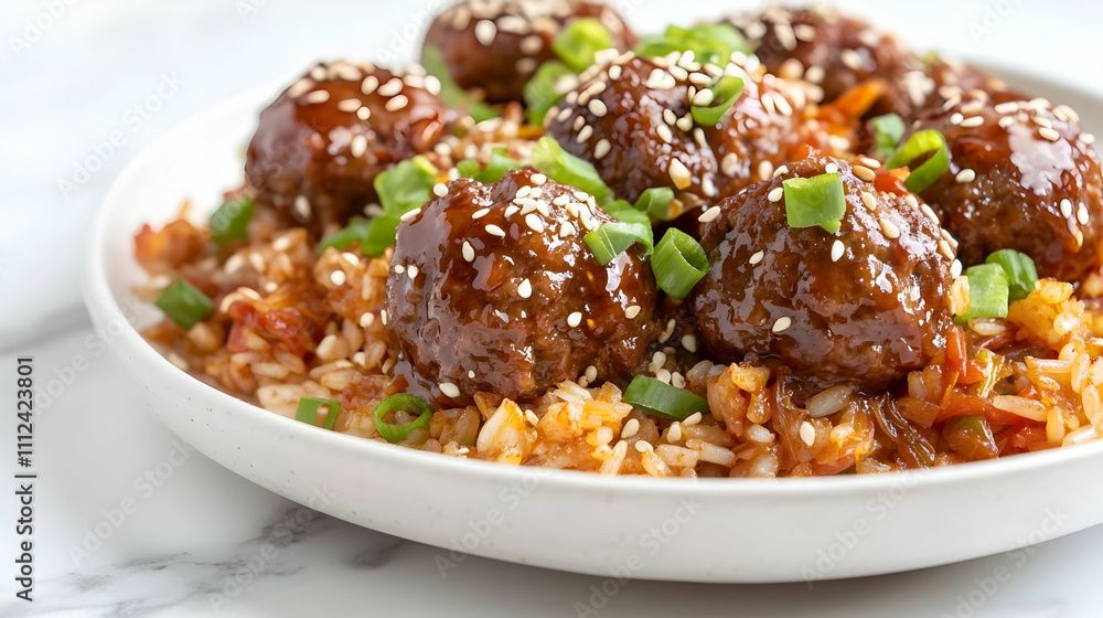 Gochujang Glazed Meatballs with Kimchi Rice and Sesame, Korean Main Course Photography Gochujang Glazed Meatballs with Kimchi Rice and Sesame, Korean Main Course Photography
