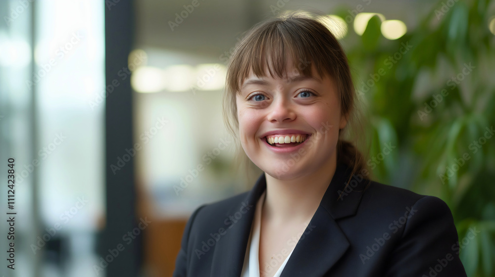 Happy businesswoman with Down syndrome, professional female employee smiling, inclusive workplace diversity concept Happy businesswoman with Down syndrome, professional female employee smiling, inclusive workplace diversity concept