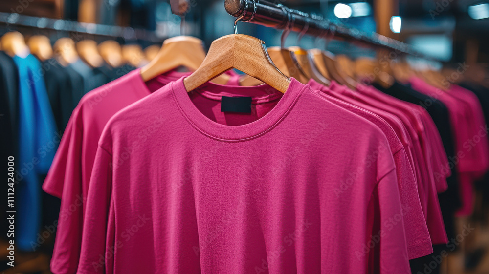 T-shirt mockup pink concept. Contemporary pink T shirts hanging on rack in retail store T-shirt mockup pink concept. Contemporary pink T shirts hanging on rack in retail store