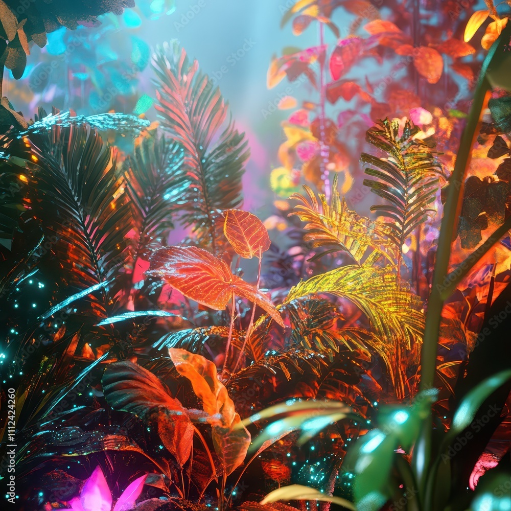 Fototapeta premium Digital plant life, side view of glowing jungle, ultra-modern botanical holograms, detailed textures.