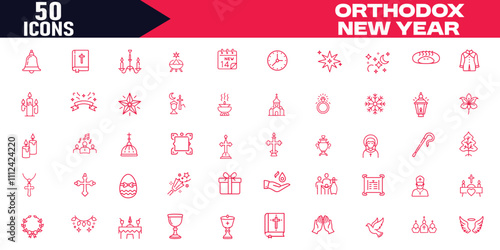  Orthodox New Year Editable Stroke Outline Icons Set, Orthodox Priest, Celebration Symbols, Greeting Card Design, Vector Illustration, Perfect for Web and Print,