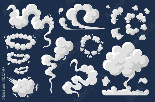 Cartoon smoke clouds, white aroma steam, toxic steaming vapour, dust elements. Explosion smoky elements.. Flow mist or chemical steam. Comic boom steaming effect icons set