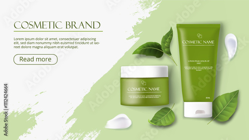 Green cosmetic poster. Cosmetics products. Creams and lotions, moistruizer. Skincare procedures. Cosmetology and dermatology. Landing webpage design. Realistic vector illustration