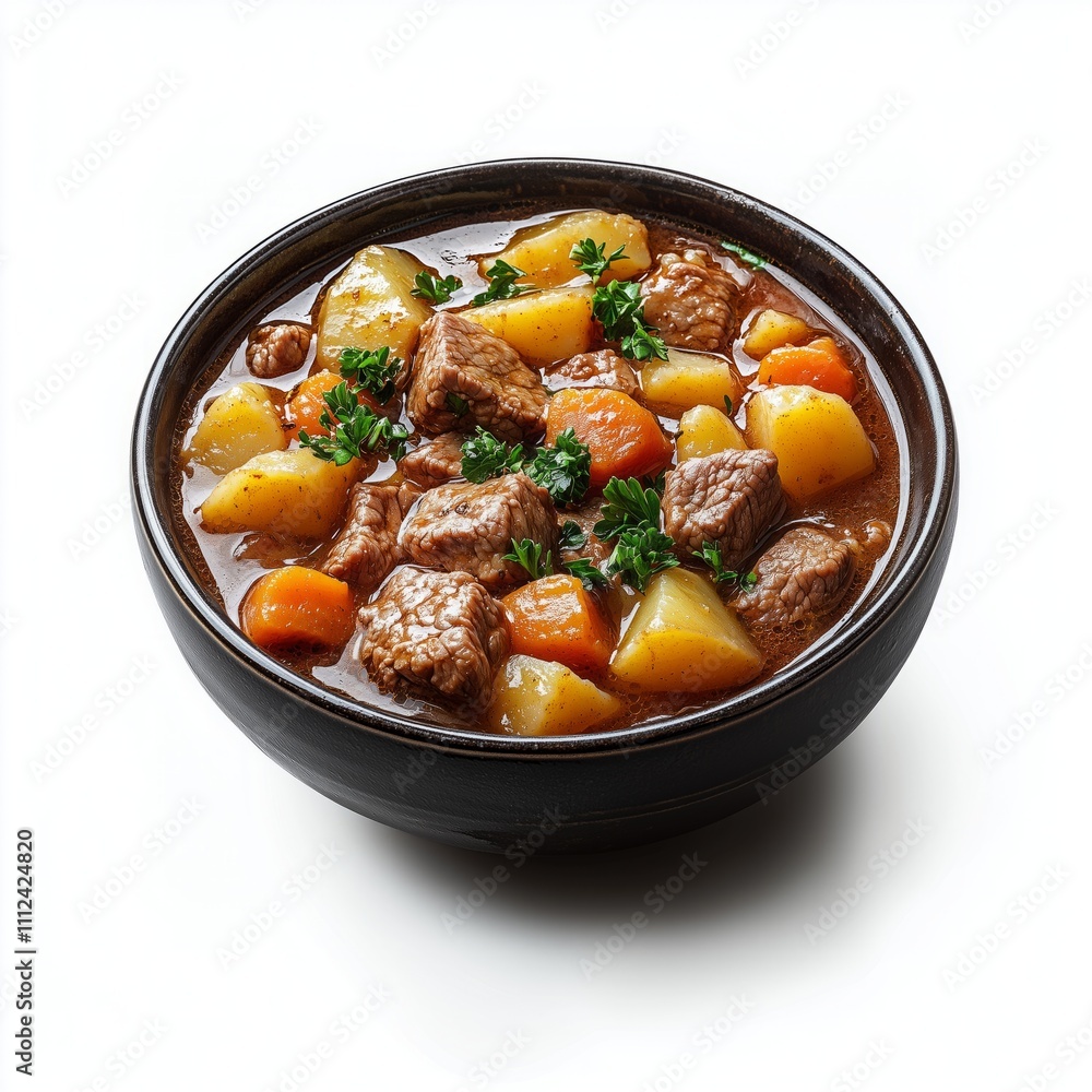 Hearty beef stew with potatoes and carrots, isolated on white background.