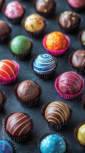 Colorful Chocolate Truffles on Dark Surface Display photo