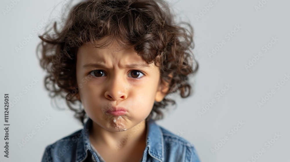 A young boy with curly hair and a denim shirt looking upset. A young boy with curly hair and a denim shirt looking upset.