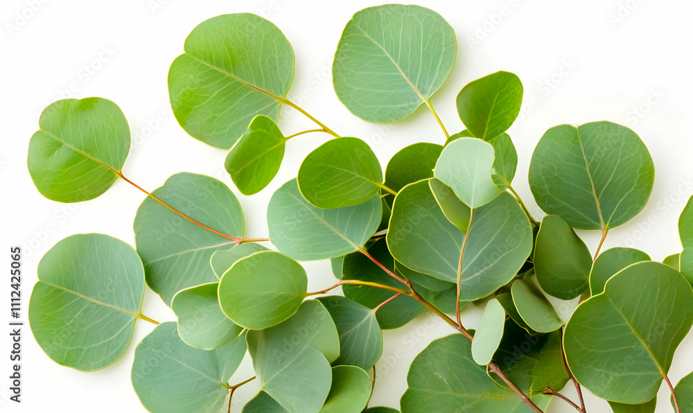 Lush green eucalyptus leaves arranged on a white background, perfect for design projects, creating a natural and refreshing aesthetic. Lush green eucalyptus leaves arranged on a white background, perfect for design projects, creating a natural and refreshing aesthetic.