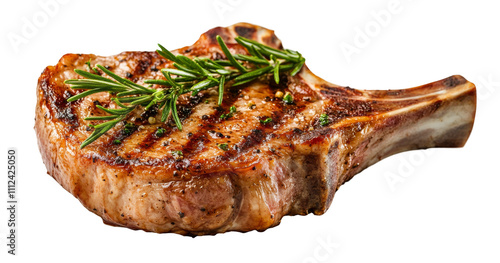 Grilled pork chop with rosemary garnish gourmet kitchen food photography rustic style