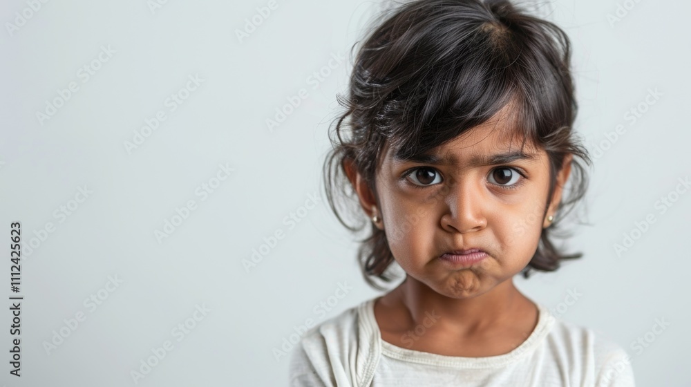 A young girl with dark hair and a white shirt displaying a sad expression.