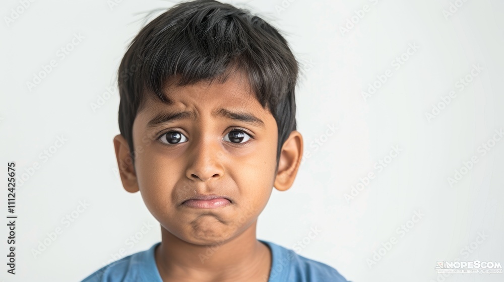 A young boy with dark hair and a blue shirt looking upset with a frown On his face. A young boy with dark hair and a blue shirt looking upset with a frown On his face.