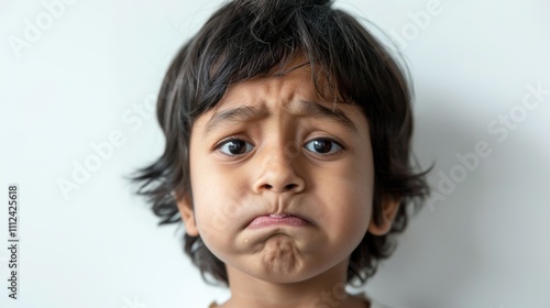 A close-up shot Of a young child with dark hair and a frowning expression set against a plain white background.