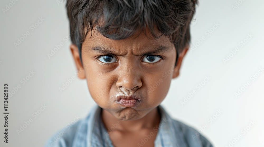 A close-up portrait Of a young boy with dark hair wearing blue shirt displaying a sad and upset facial expression. A close-up portrait Of a young boy with dark hair wearing blue shirt displaying a sad and upset facial expression.