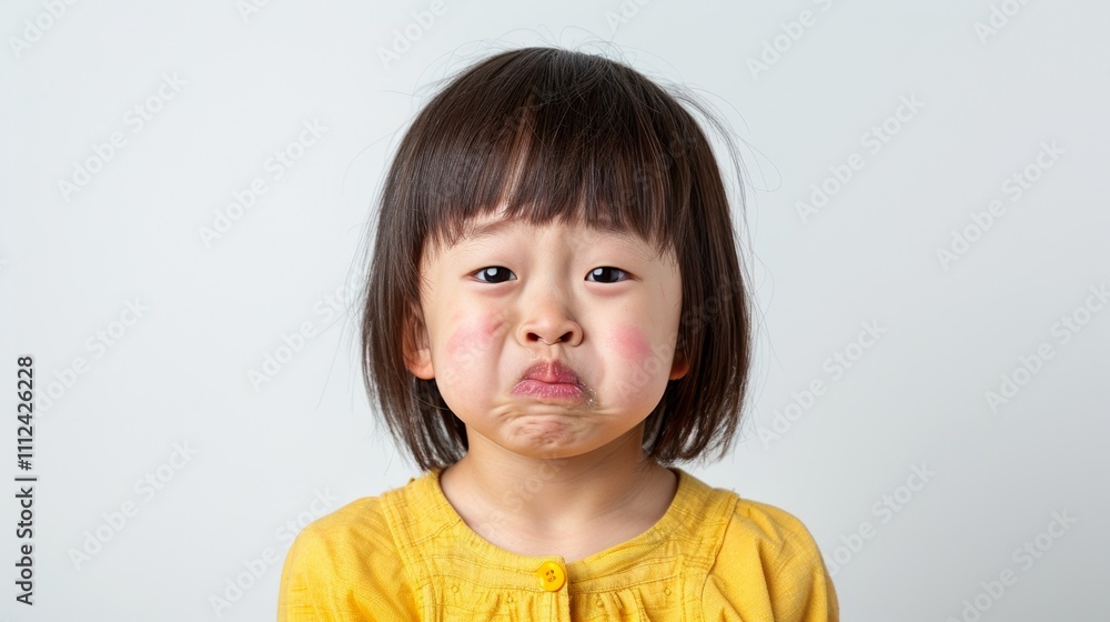 A young girl with a sad expression wearing a yellow shirt against a white background. A young girl with a sad expression wearing a yellow shirt against a white background.