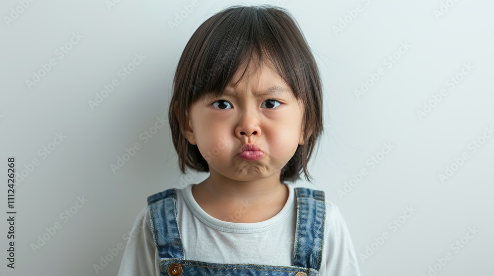 A young girl with a pouty expression wearing denim overalls and a white shirt set against a plain white background. A young girl with a pouty expression wearing denim overalls and a white shirt set against a plain white background.