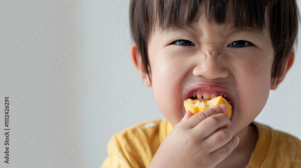 The image depicts a young child enthusiastically eating a piece Of food. The image depicts a young child enthusiastically eating a piece Of food.