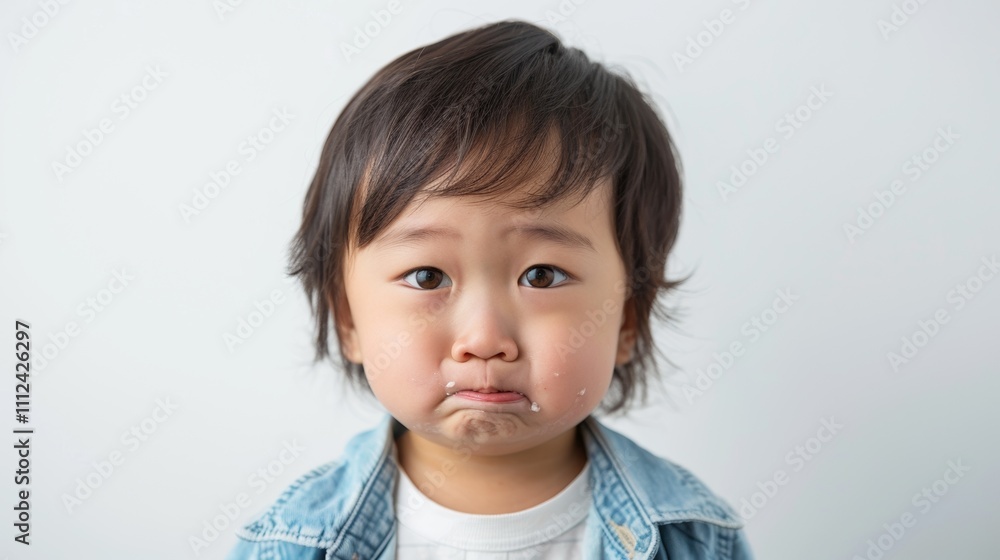 A close-up portrait Of a young child with a neutral expression wearing a denim jacket and white shirt set against a plain white background. A close-up portrait Of a young child with a neutral expression wearing a denim jacket and white shirt set against a plain white background.