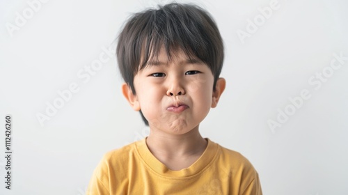 A young boy with dark hair and a yellow shirt making a funny face with his mouth and eyes.