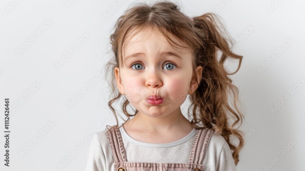 A young girl with a surprised expression showcasing her fair skin and blue eyes on plain white background A young girl with a surprised expression showcasing her fair skin and blue eyes on plain white background