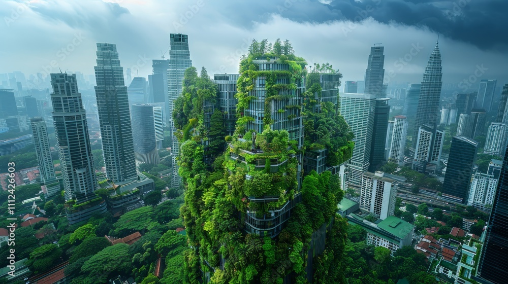 Obraz premium Lush green vertical garden on a skyscraper in a modern city.