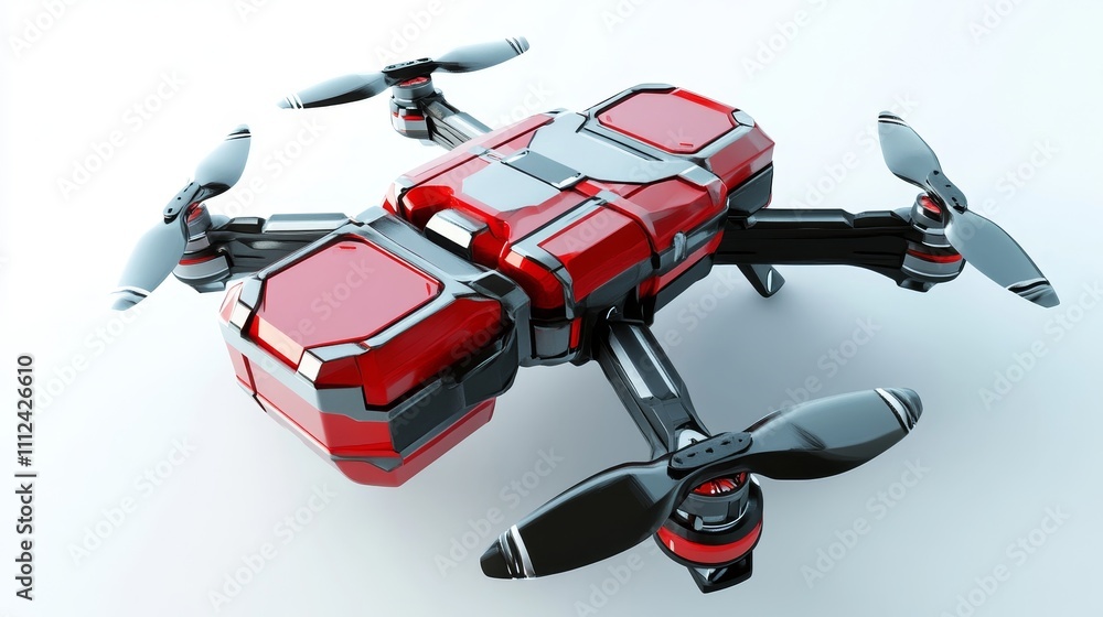 A futuristic drone with cargo box, hovering on a bright white background, sharp details, innovative and functional design A futuristic drone with cargo box, hovering on a bright white background, sharp details, innovative and functional design