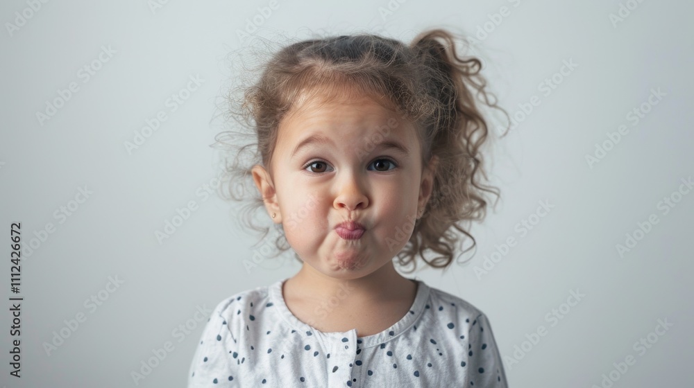 A young girl with curly hair and a white shirt making silly face. A young girl with curly hair and a white shirt making silly face.