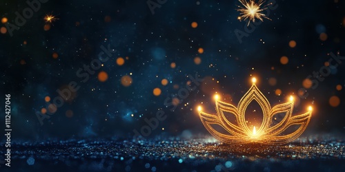 Golden diya outlines glowing on a textured navy background with subtle sparkles and fireworks in the distance, half the frame left for text, professional SLR photo. photo