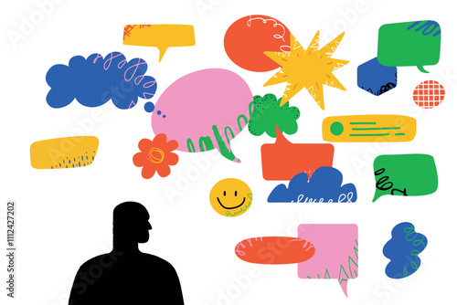 A bright and dynamic illustration with a human silhouette of thought bubbles of different shapes. A metaphor for creativity, self-expression and the power of ideas.